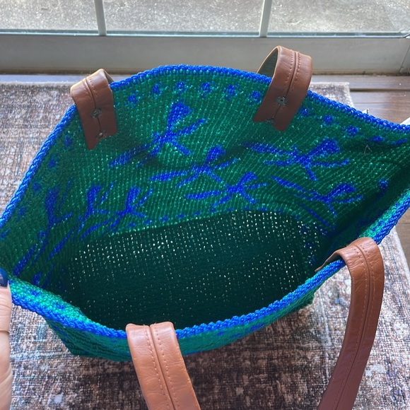 Blue Green Woven Tote Bag | Beach Shoulder Bag Boho Summer Market Purse - Picture 3 of 5